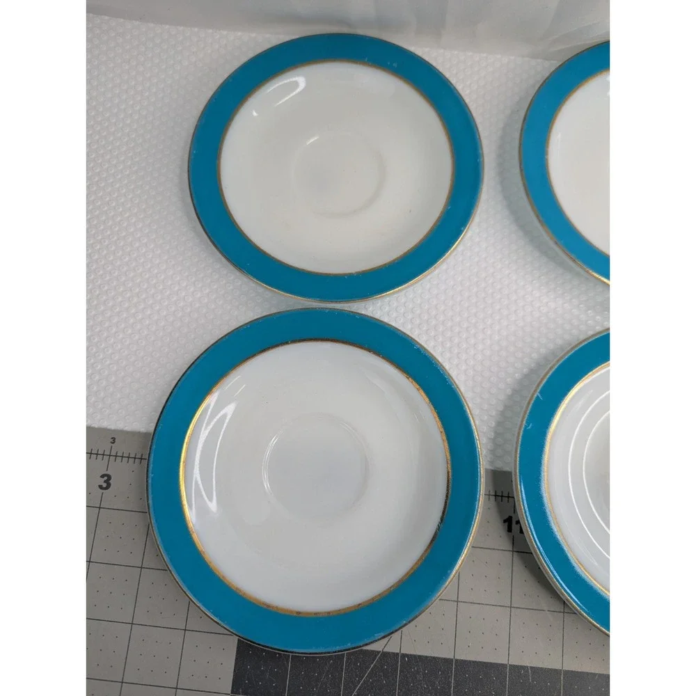 Pyrex Teal Blue Gold Stripe Plate Saucer 6.25 Inch Lot‎ of 5